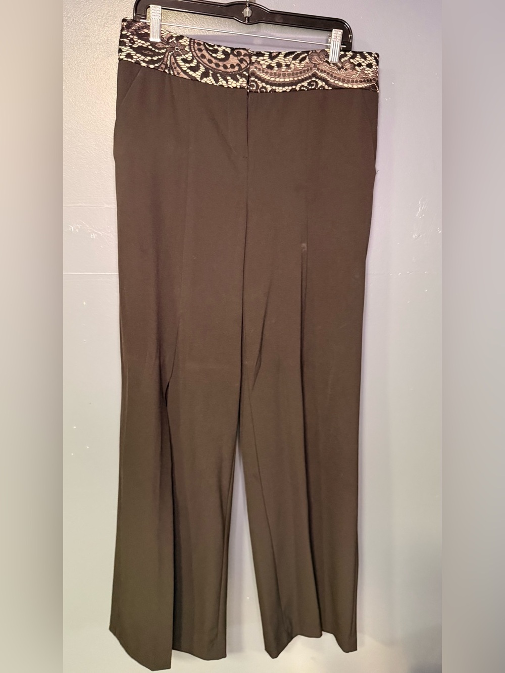 Avenue Black Boot-Cut Pants with Patterned Waistband. Sexy split front leg.